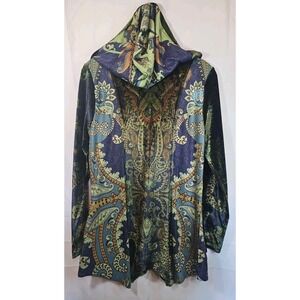 One World Velvet Hooded Jacket Women's Sz M Earthy Whimsy Fairy Greens Blues Zip
